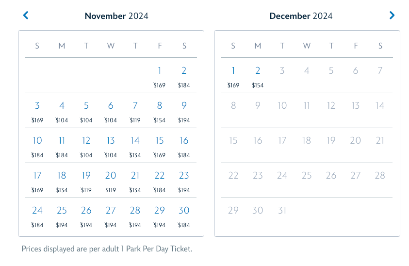 Disneyland ticket pricing calendar