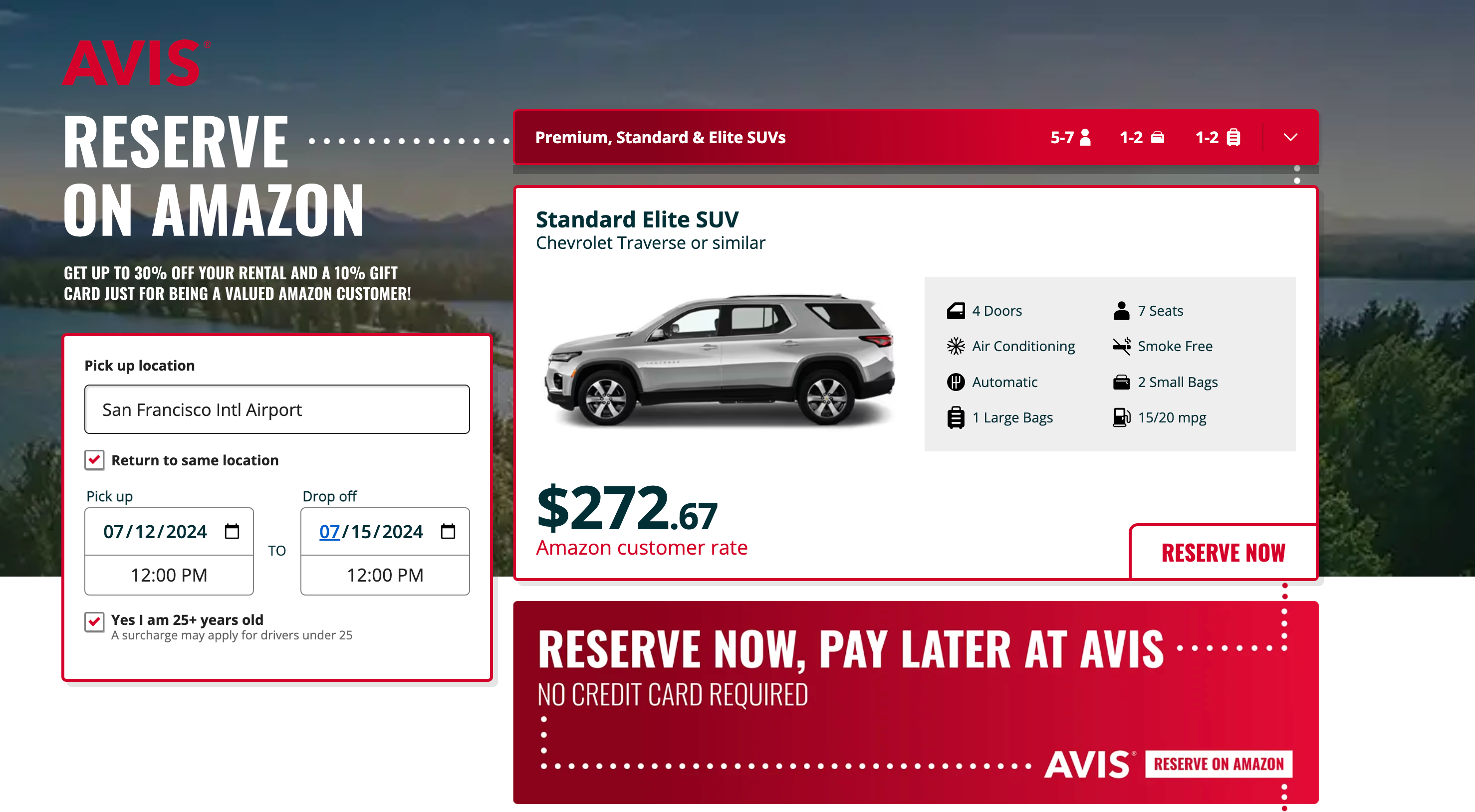 Amazon booking page for Avis rentals. AMAZON