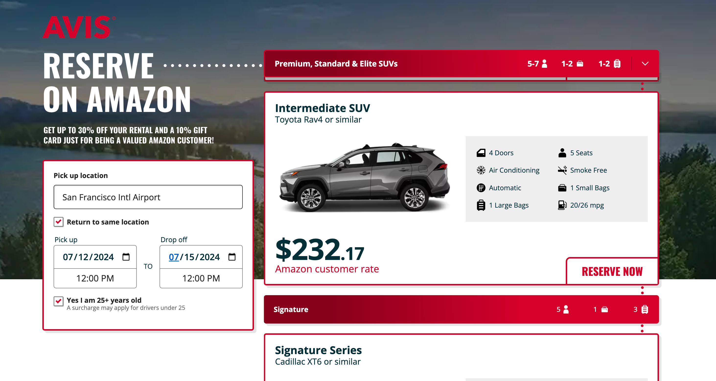 Amazon booking page for Avis rentals. AMAZON