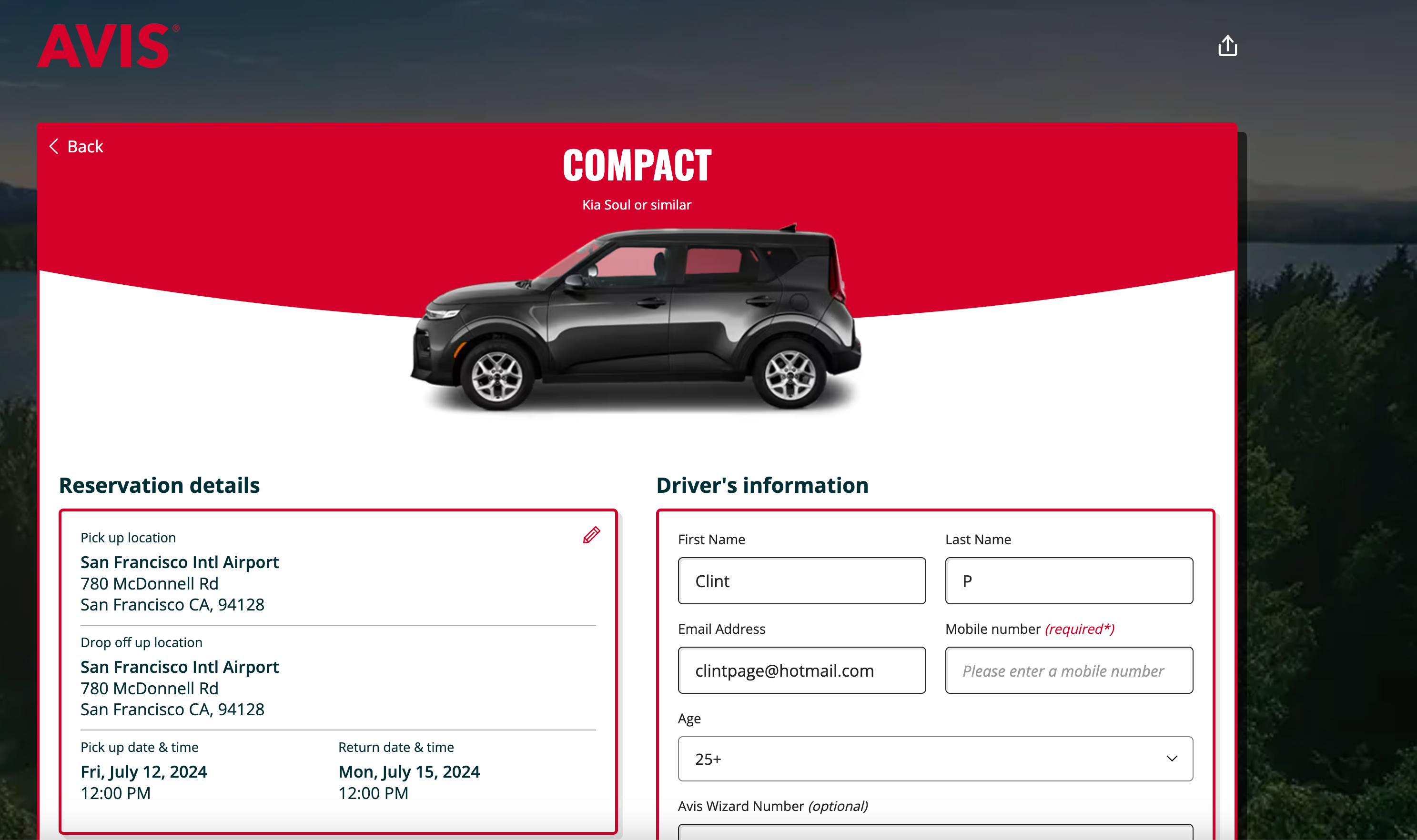 Amazon booking page for Avis rentals. AMAZON