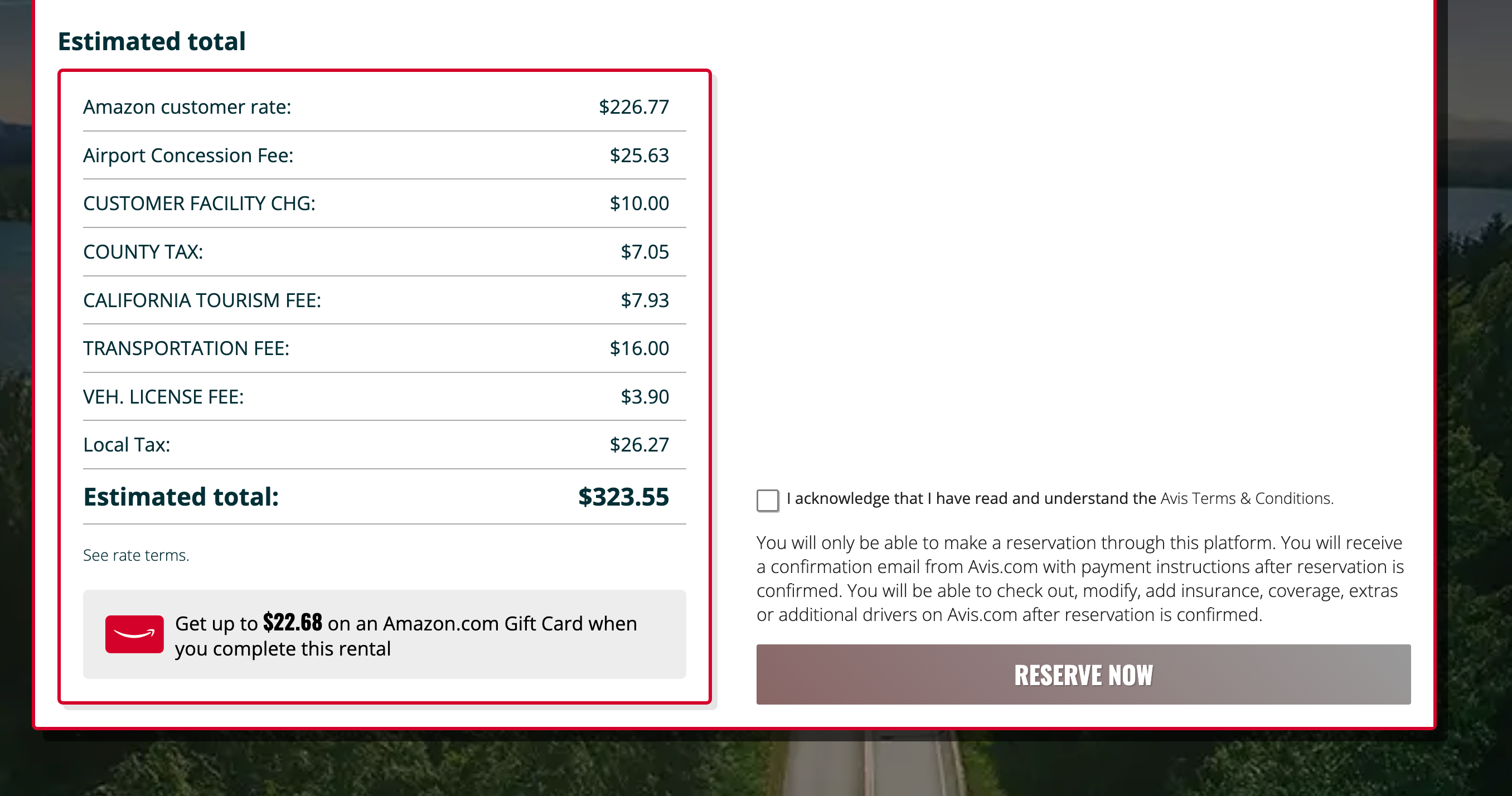 Amazon booking page for Avis rentals. AMAZON