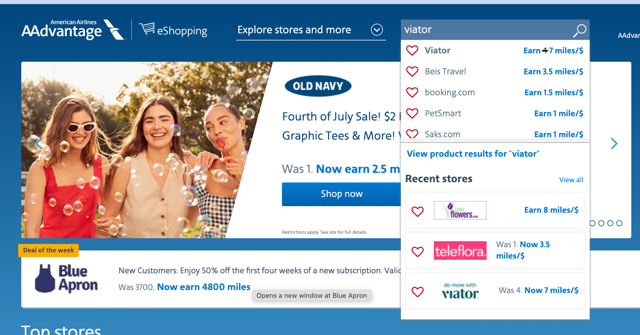 AAeshopping.com landing page with Viator search.