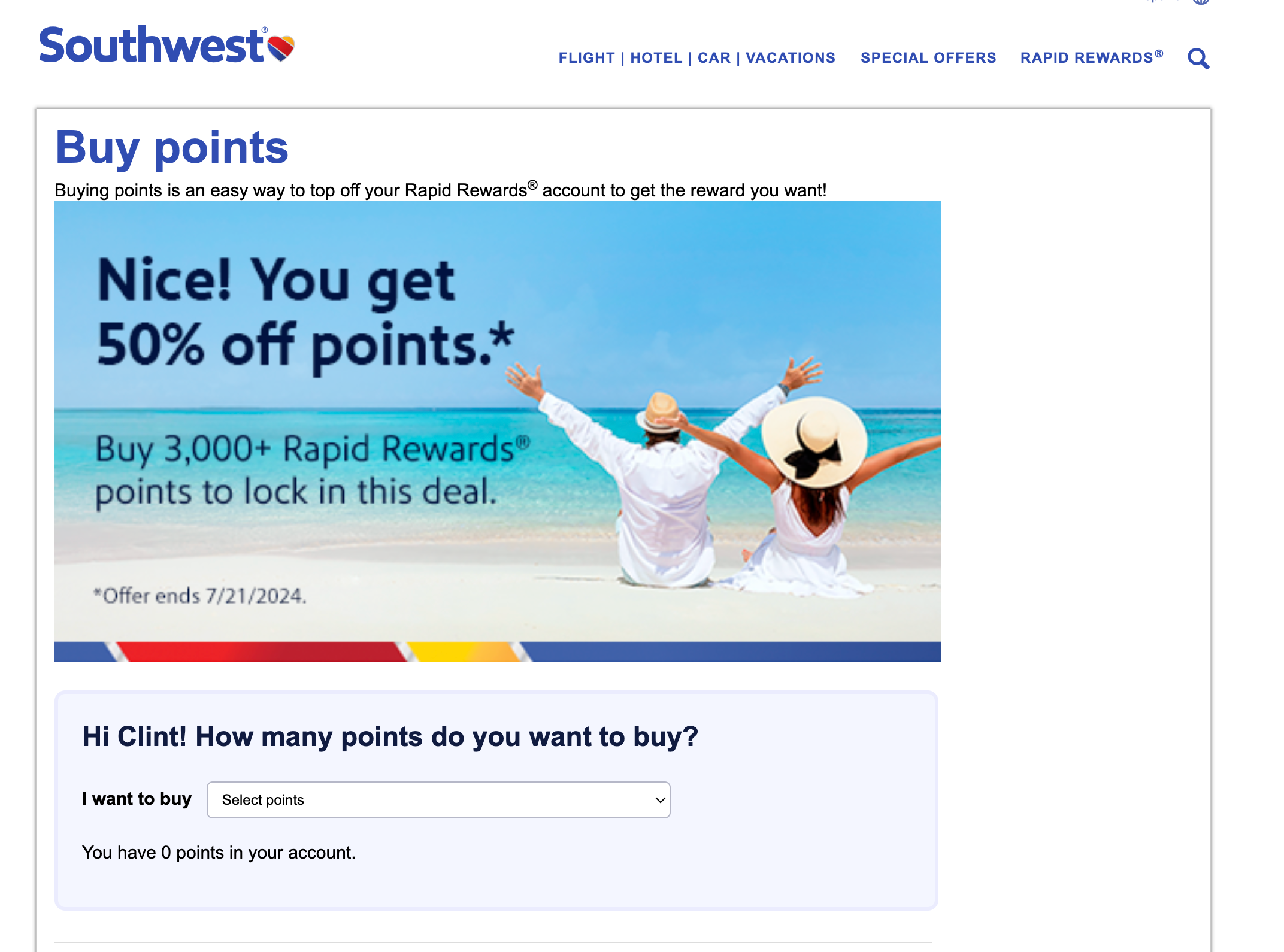 Southwest Rapid Rewards points purchase page. SOUTHWEST
