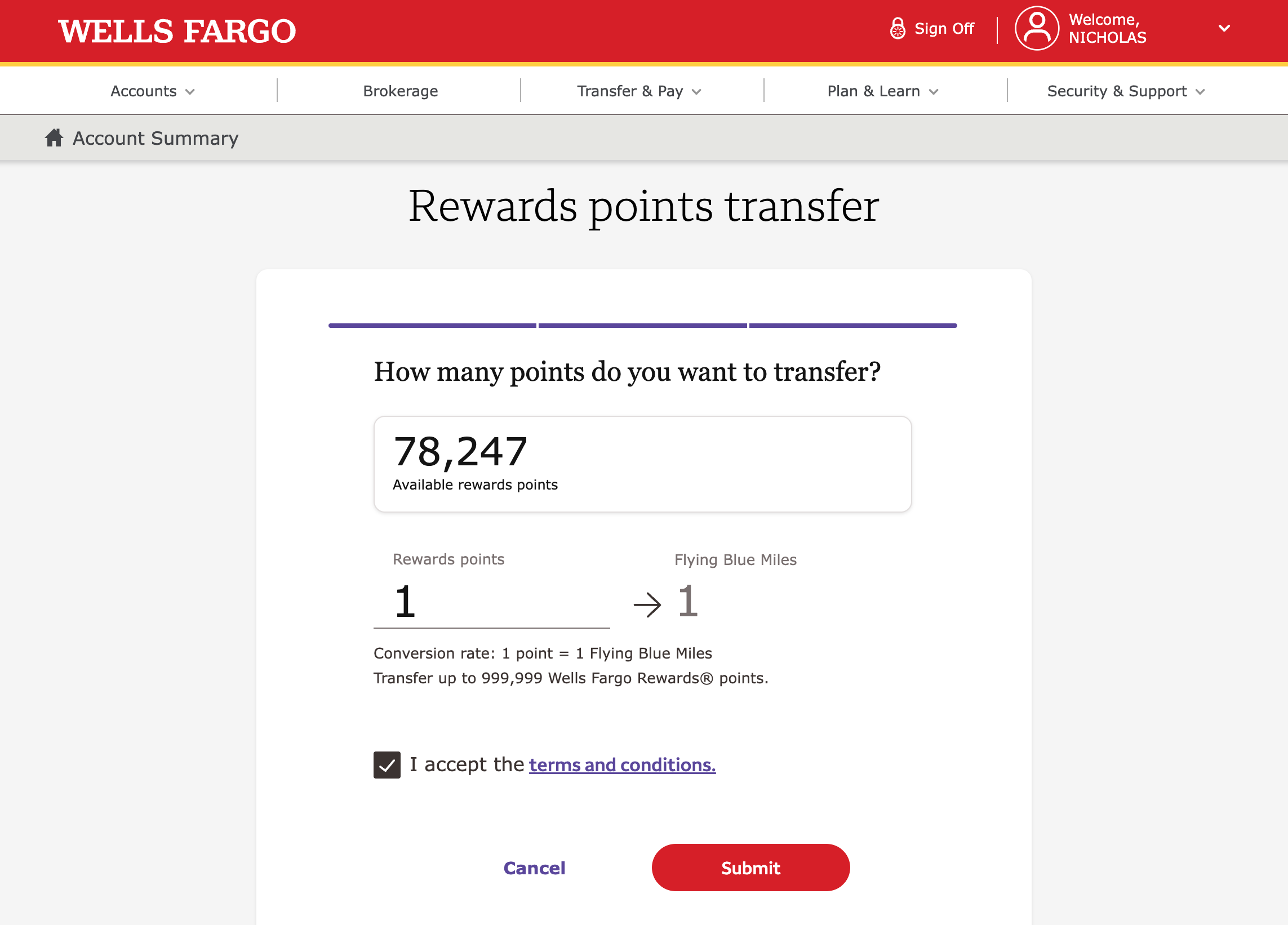 Transferring 1 WF Reward point to Flying Blue