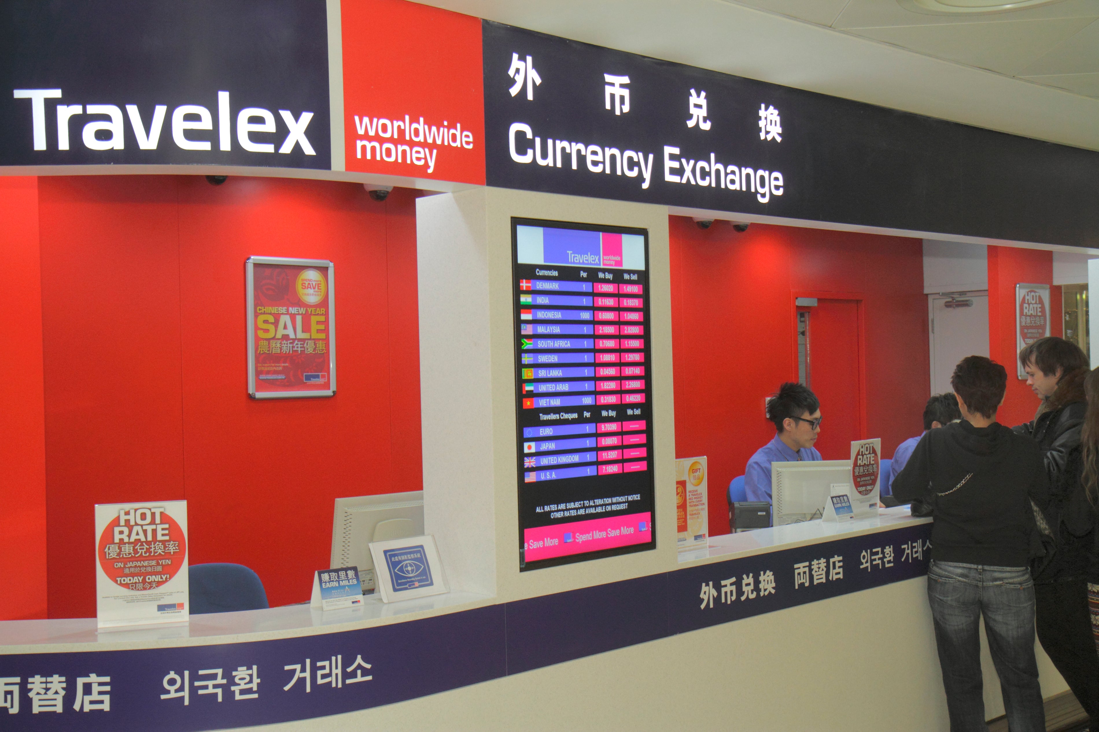 Travelex, currency exchange desk at Hong Kong International Airport.