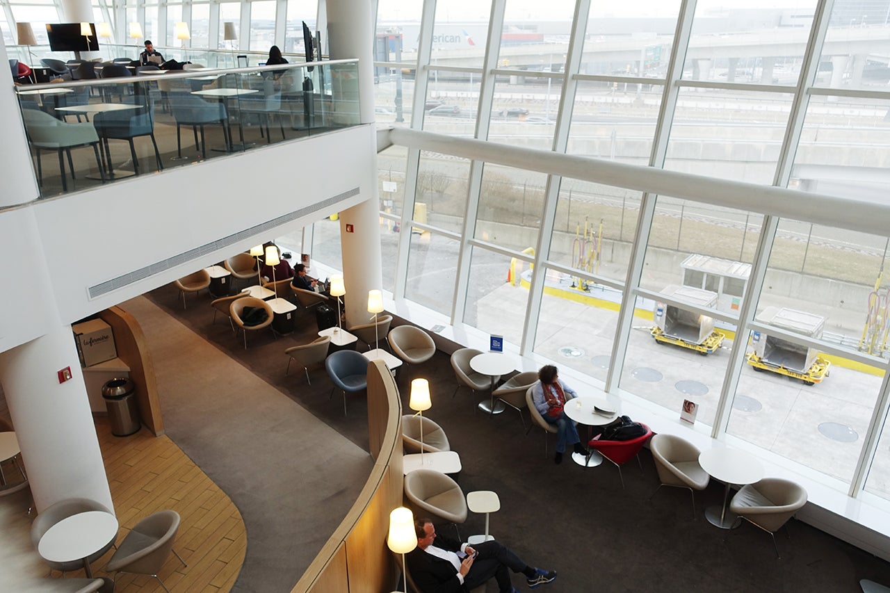 an overhead view looking down into an airport lounge