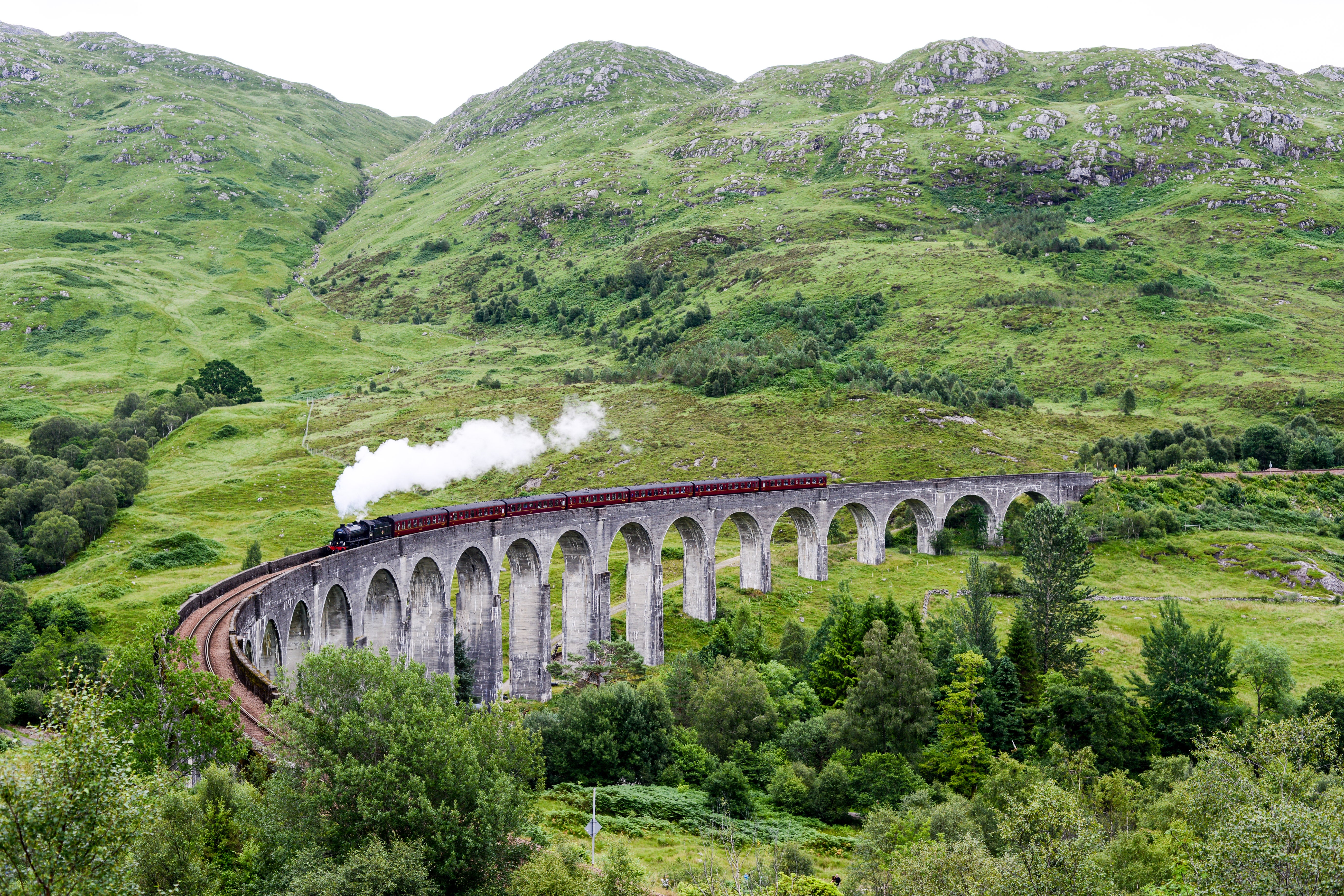 train passing through rolling green hills in scotland