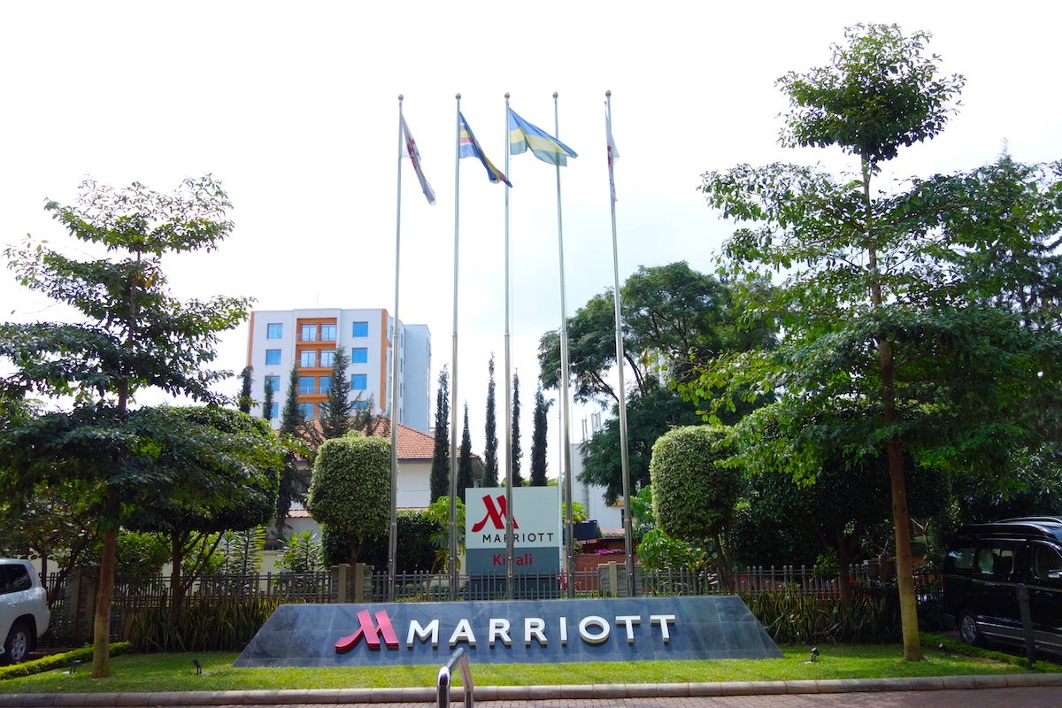 Marriott sign and flags on green lawn