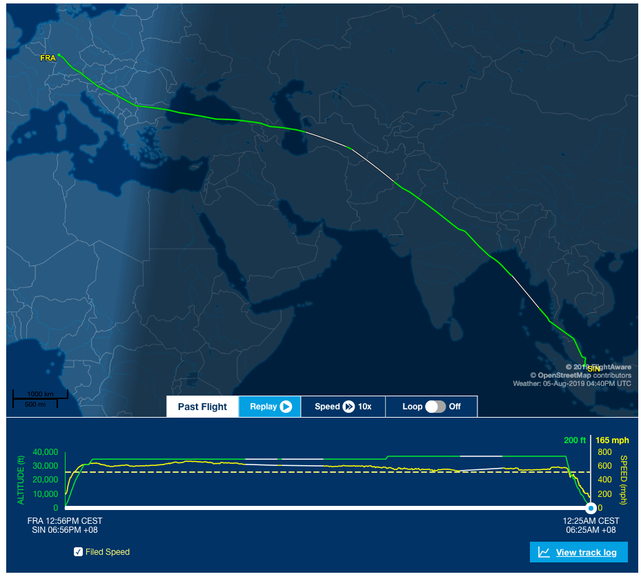 Leg two of Singapore Airlines' direct flight to SIN via FRA.