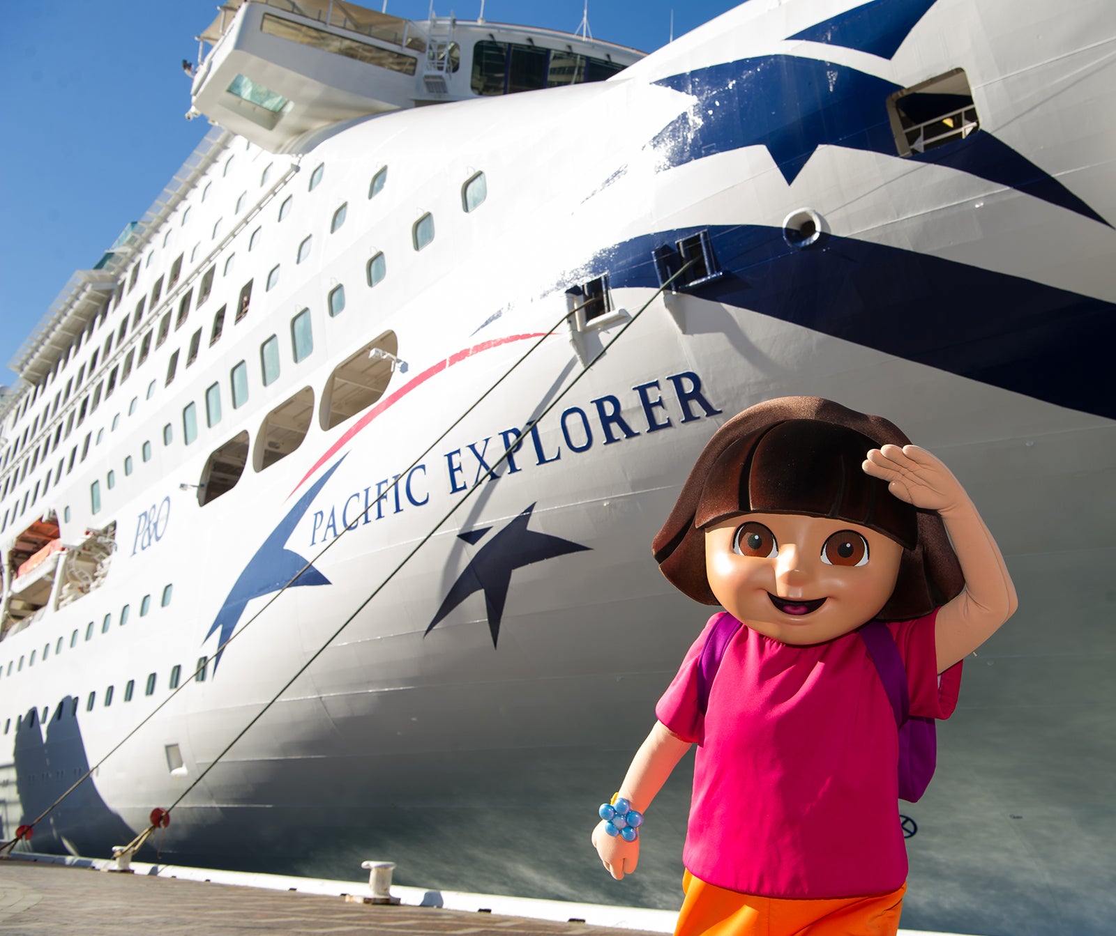 SYDNEY, AUSTRALIA - JULY 02: Dora the Explorer with the Pacific Explorer during the official naming ceremony of P&O's newest ship 'Pacific Explorer' at the Overseas Passenger Terminal on July 2, 2017 in Sydney, Australia. Dora the Explorer was named as the ships godmother and Nickelodeon arranged some special slime for the occasion. (Photo by James D. Morgan/Getty Images)