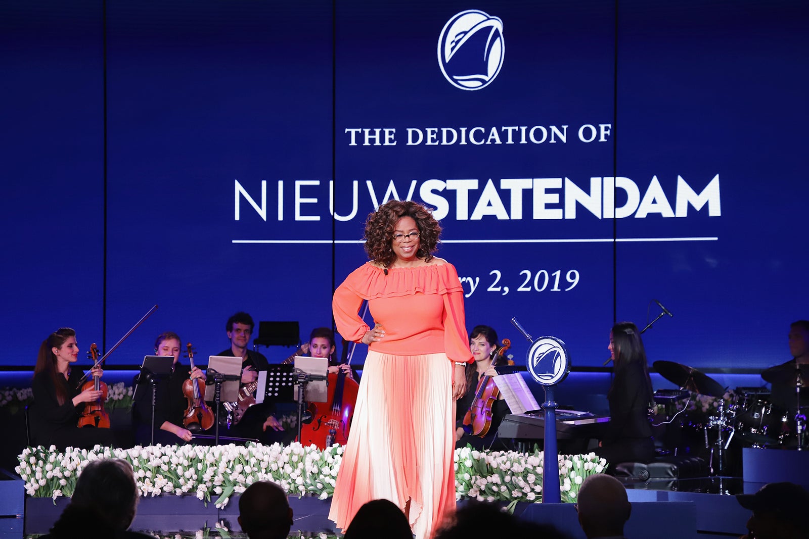 FORT LAUDERDALE, FL - FEBRUARY 02: Godmother Oprah Winfrey speaks onstage during the Holland America Line and Nieuw Statendam Dedication with Godmother Oprah Winfrey at Port Everglades on February 2, 2019 in Fort Lauderdale, Florida. (Photo by John Parra/Getty Images for Holland America)