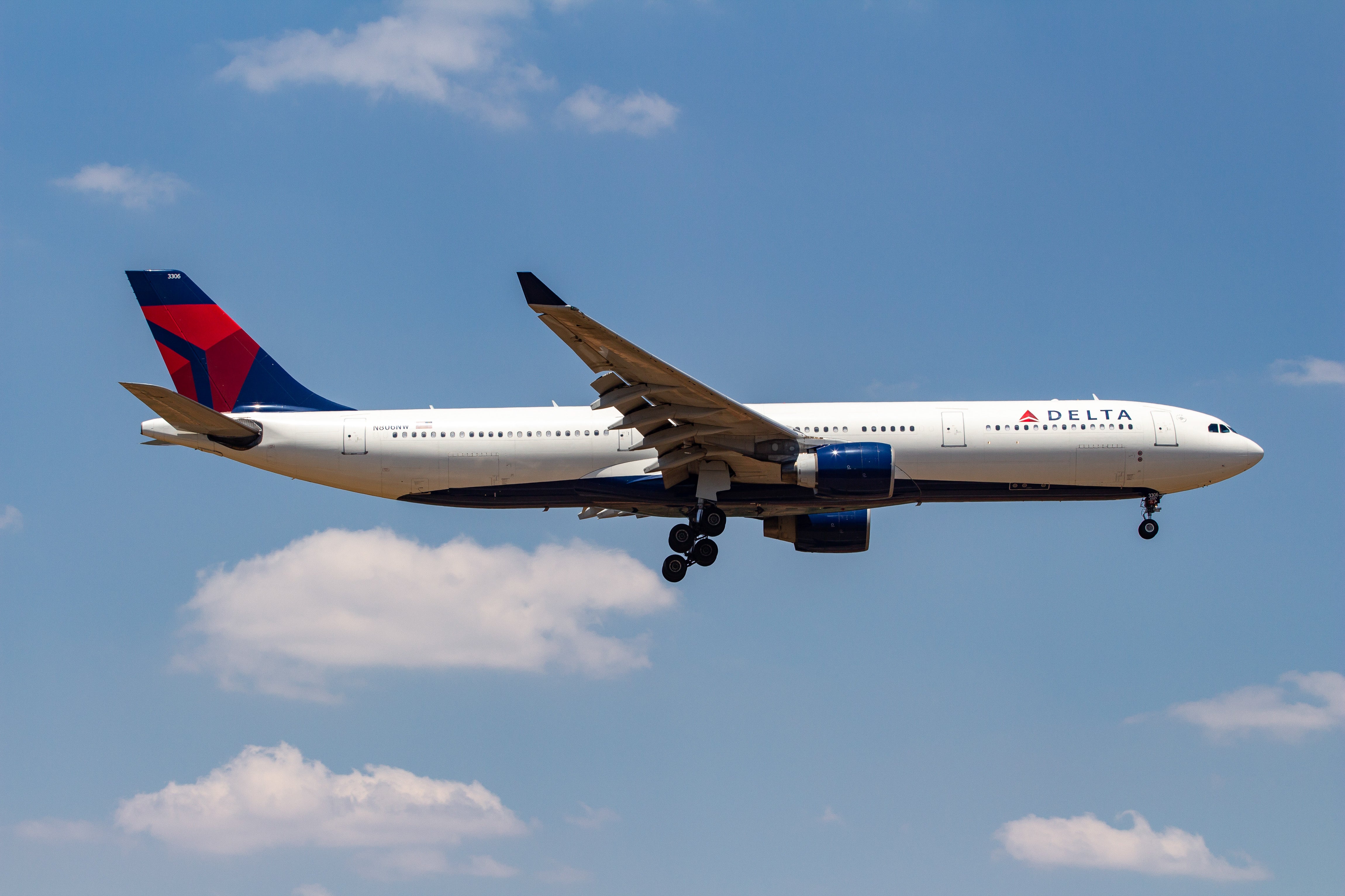 Delta Air Lines Airbus A330-300 landing at Athens International Airport AIA , LGAV / ATH Eleftherios Venizelos, with registration N806NW, a former Northwest Airlines Airplane. The aircraft has 2x PW4000 engines. Delta Airlines DAL DL connects seasonal Athens to New York JFK airport in the US. The airline has its headquarters in Atlanta, Georgia, USA. Delta is a member of SkyTeam airline alliance. Delta has the second largest fleet size with 918 airplanes. (Photo by Nicolas Economou/NurPhoto via Getty Images)