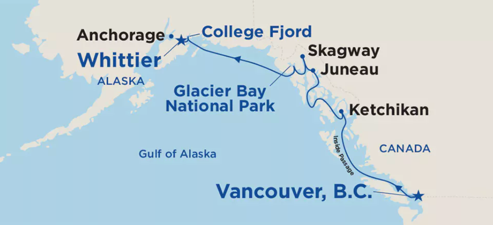 This is an example of a Princess cruise that visits the Inside Passage as well as the Gulf of Alaska, terminating or originating in Anchorage Whittier), Alaska. Photo courtesy of Princess Cruises )