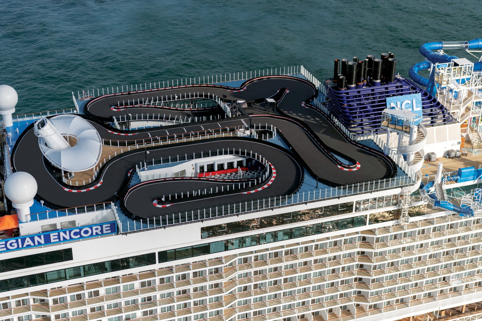 Go-kart track on Norwegian Encore cruise ship