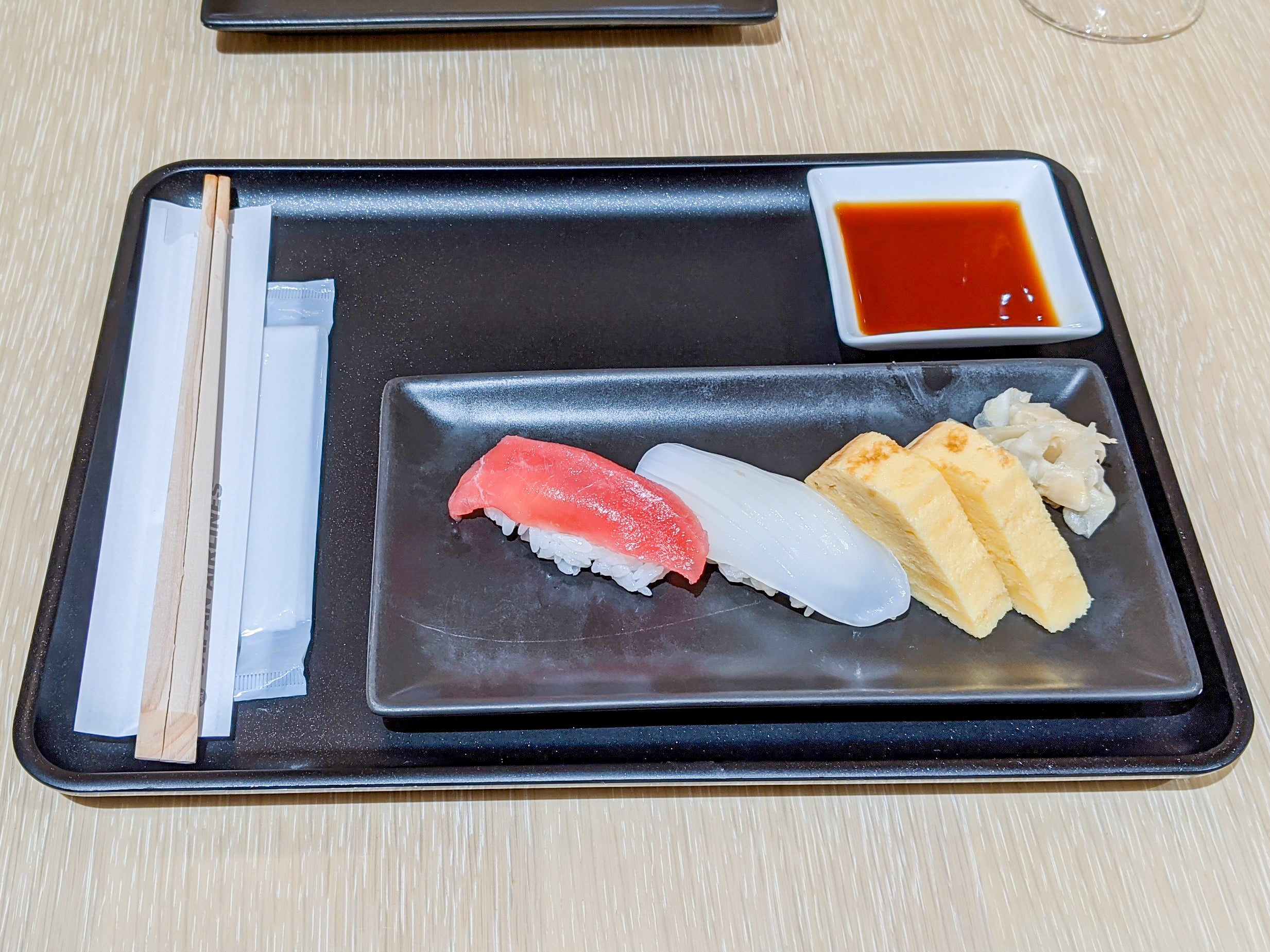 Sushi in the Japan Airlines first class lounge in Tokyo Narita
