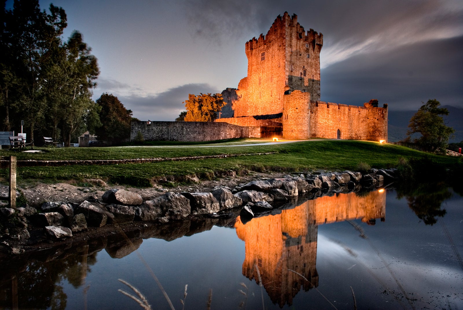 Ross Castle illuminated at night