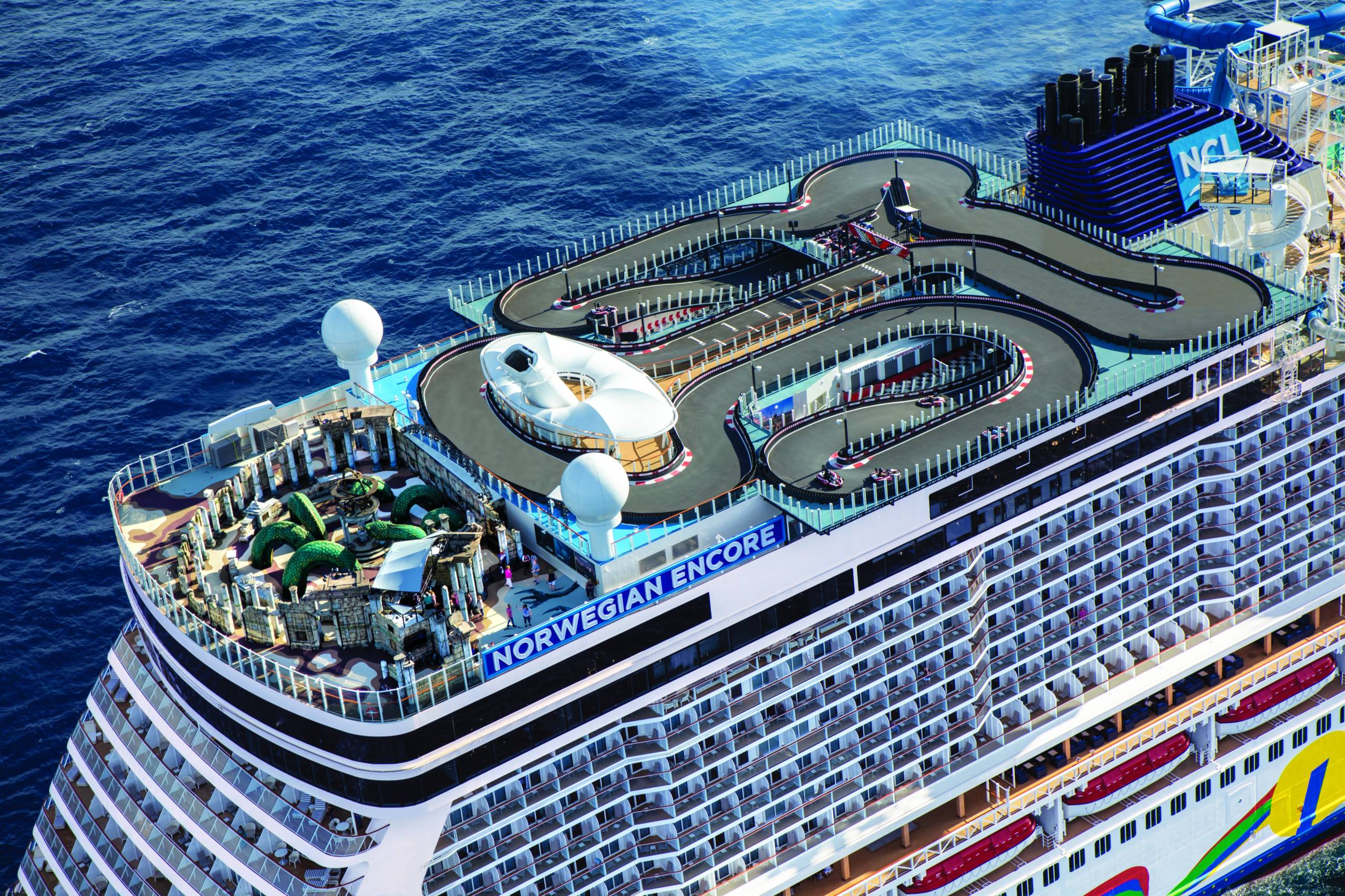 A go-kart track at the top of Norwegian Encore