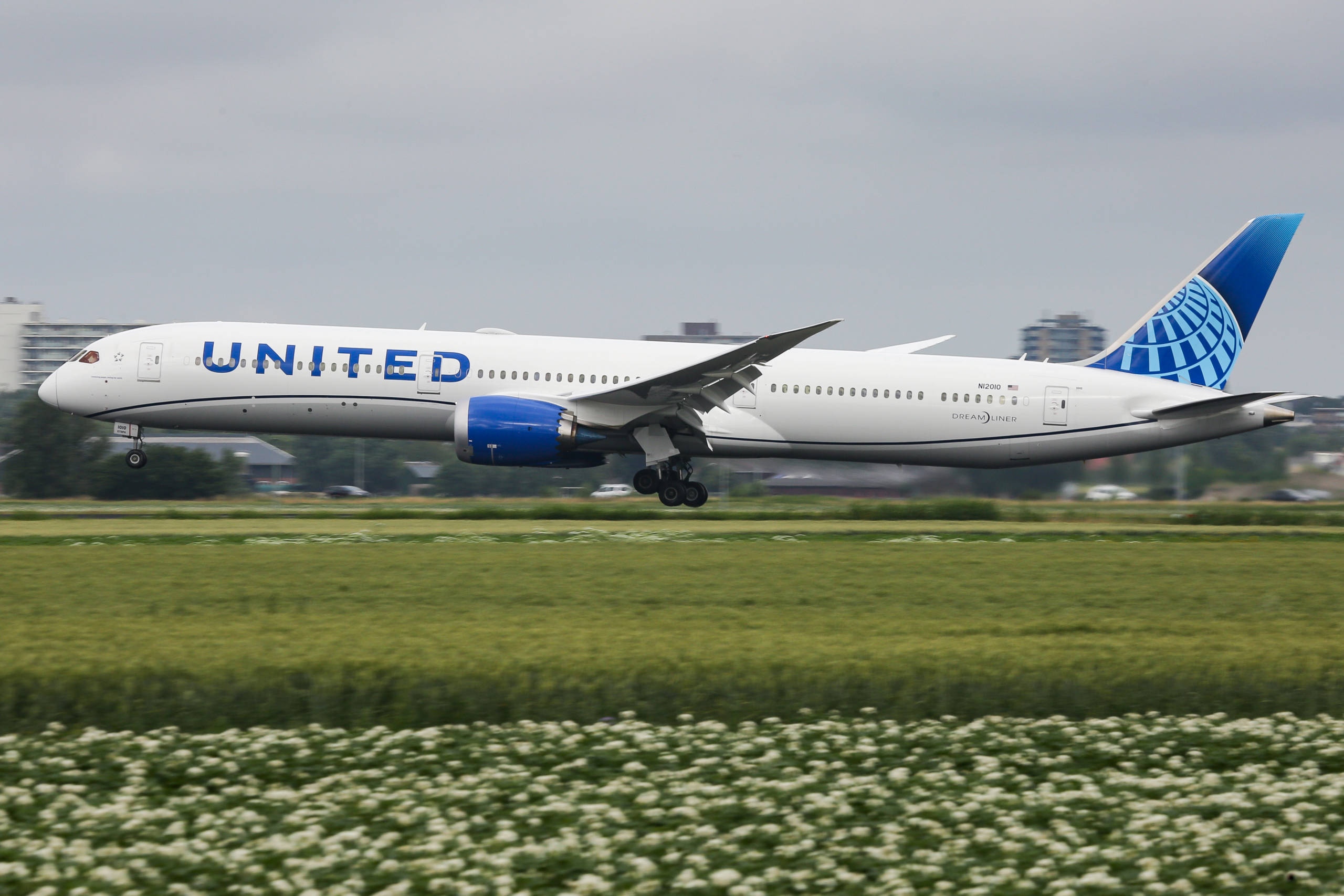 United Airlines Boeing 787-10 Dreamliner aircraft as seen on final approach landing at Amsterdam airport