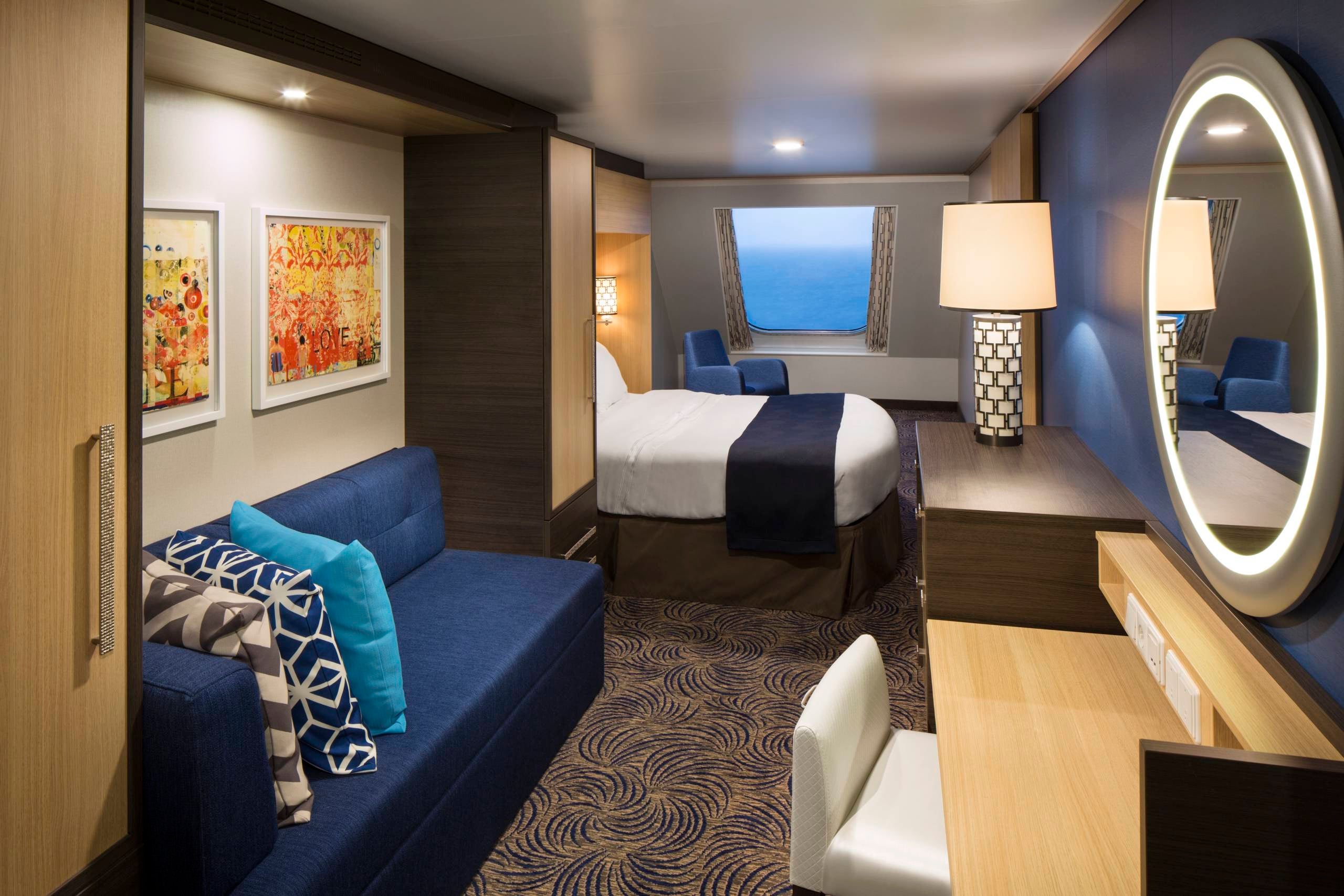 A forward-facing cabin on a Royal Caribbean ship