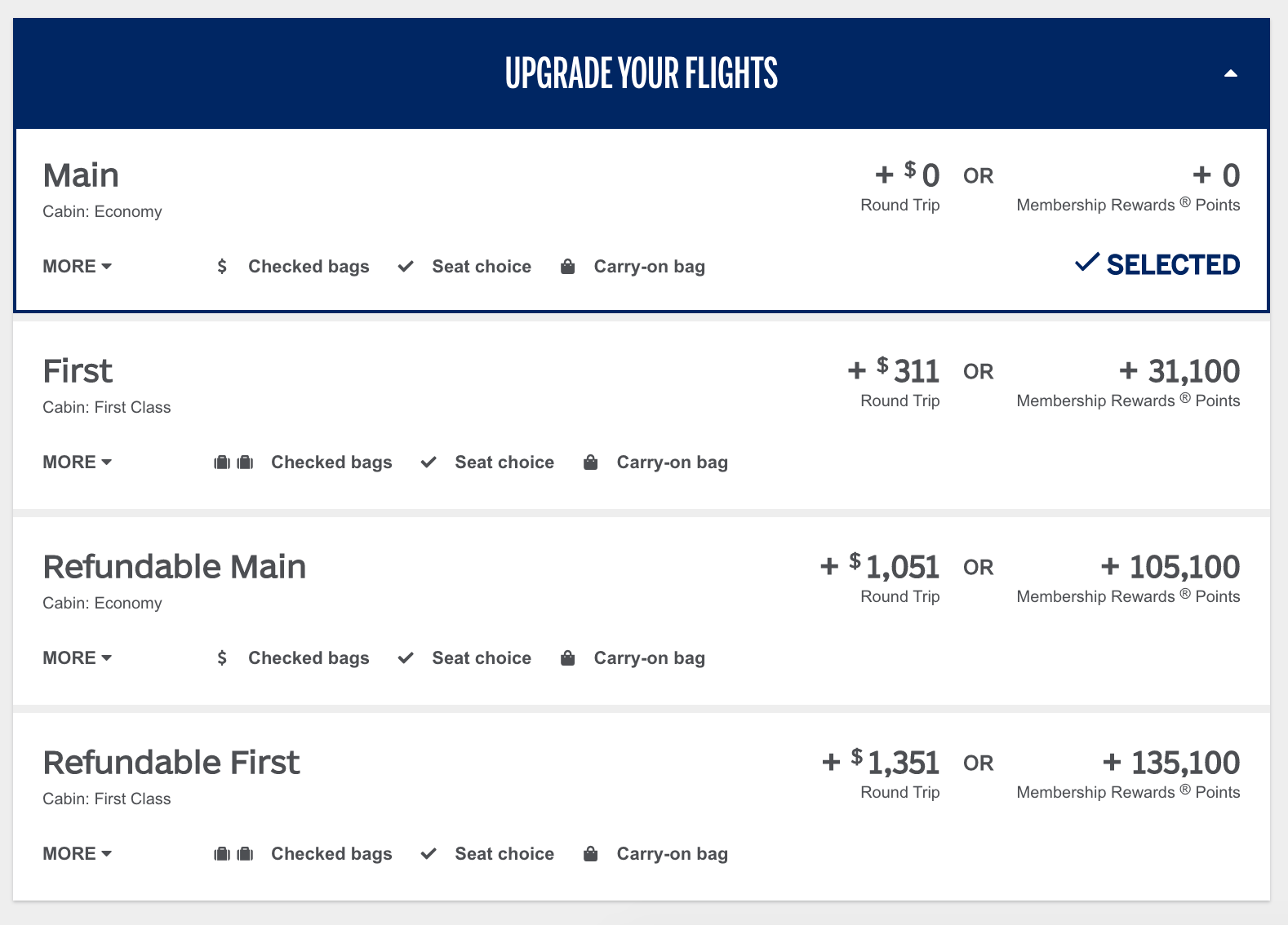 pricing options for upgrading a flight using cash or points with AmexTravel.com