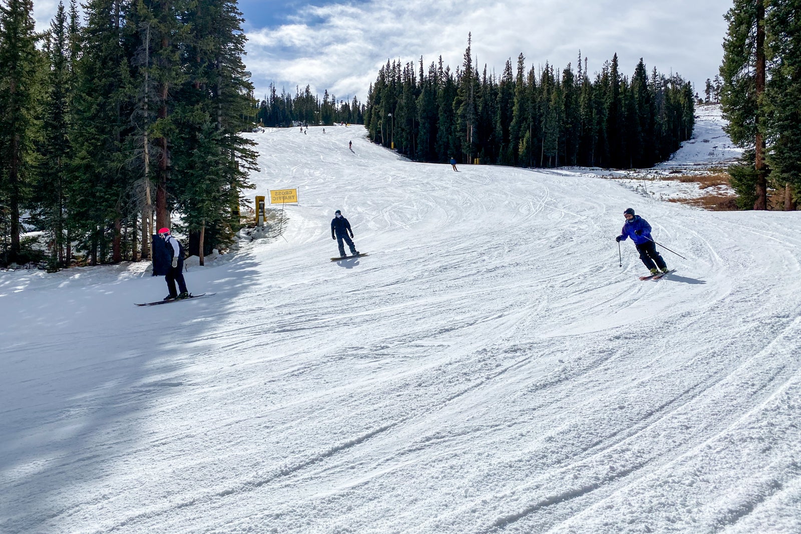 a skier and two snowboarders head down a slope with pine trees