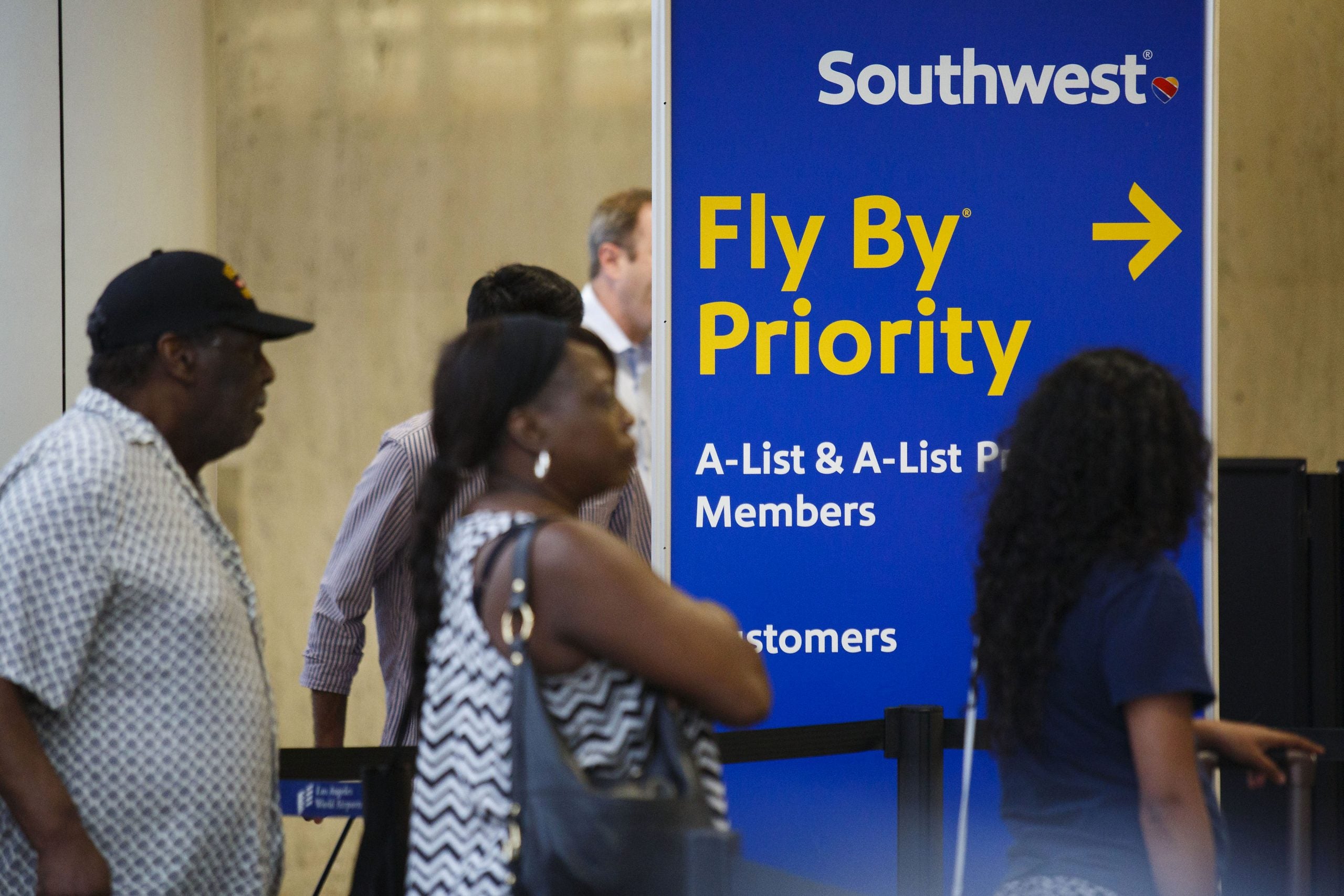 Southwest Fly By Priority signage for elite A-List travelers