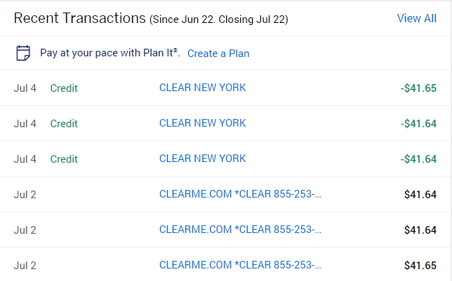 screenshot of transaction history from a credit card