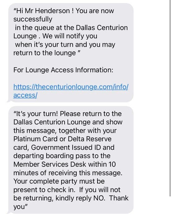 screenshot of a text message saying this person can now enter the airport lounge after waiting in line