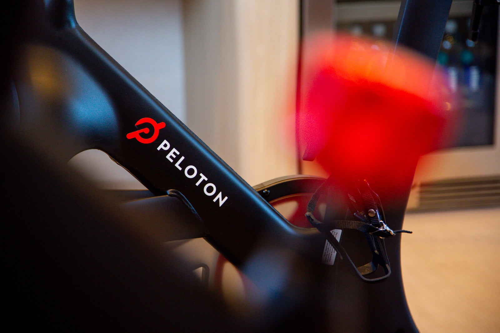 close-up of Peloton exercise bikes in an airport lounge