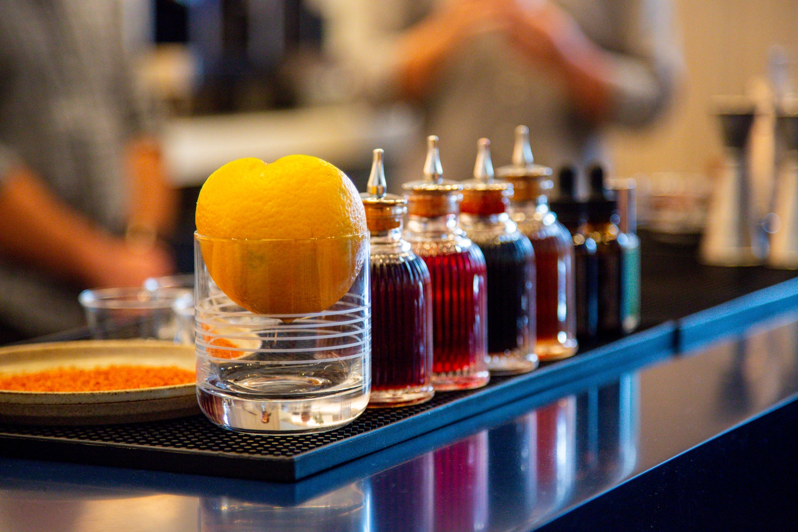 Ingredients for mixed drinks at a bar