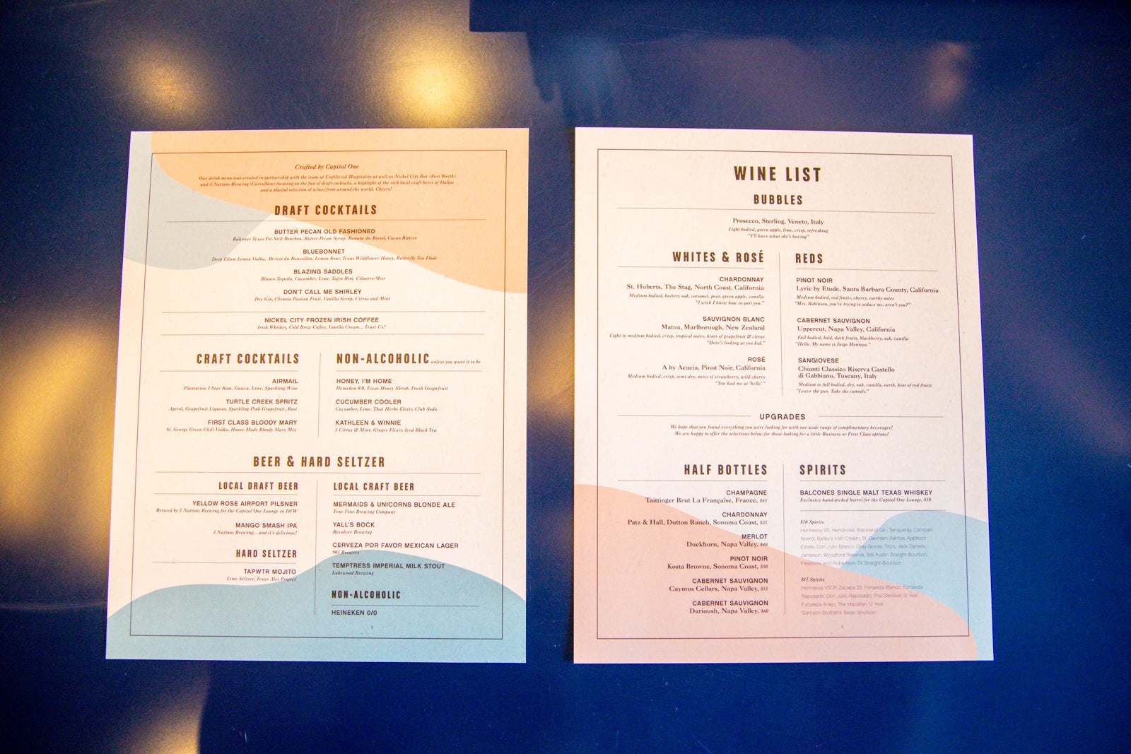 drink menu at the Capital One Lounge