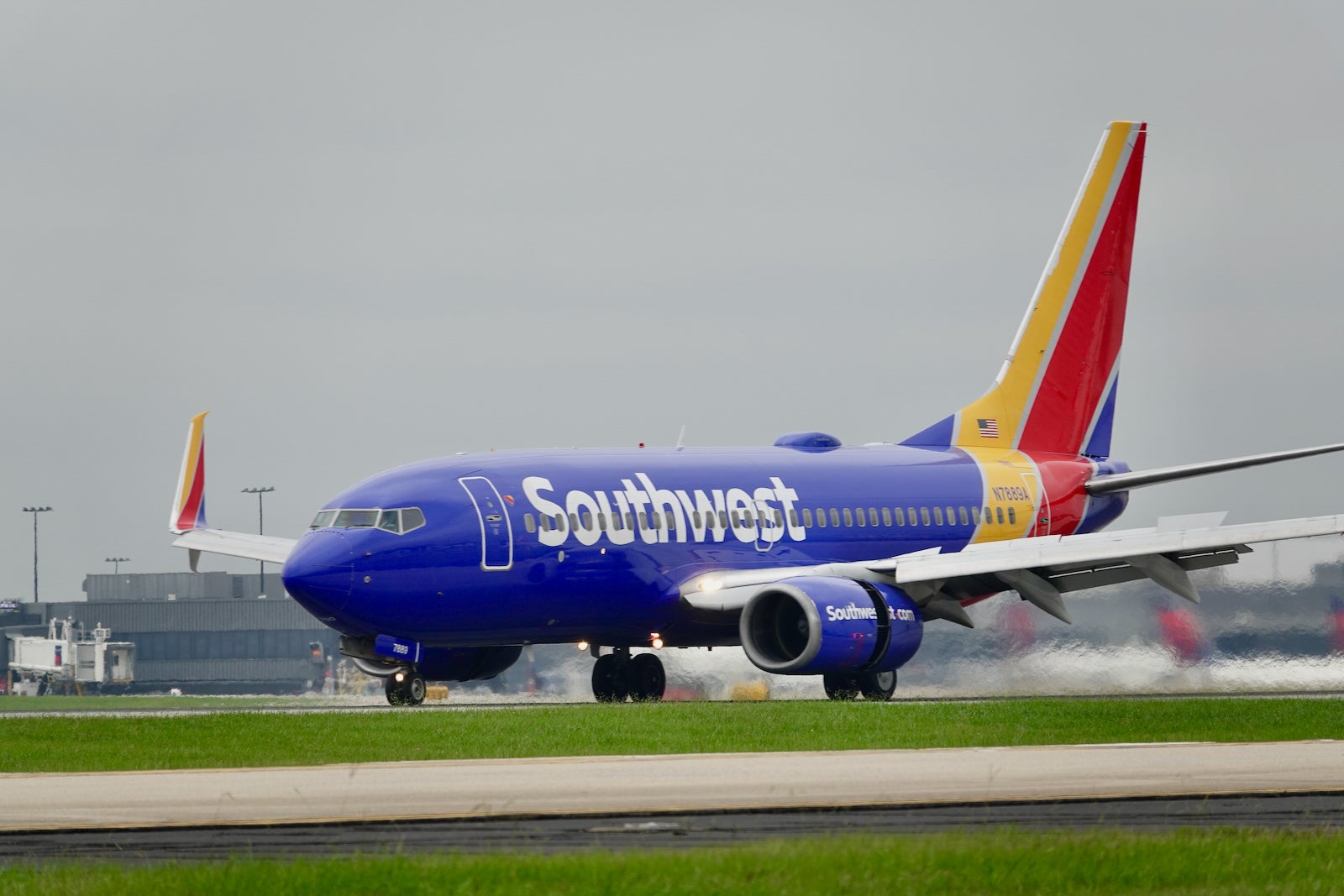 A southwest plane about to take off at an airport