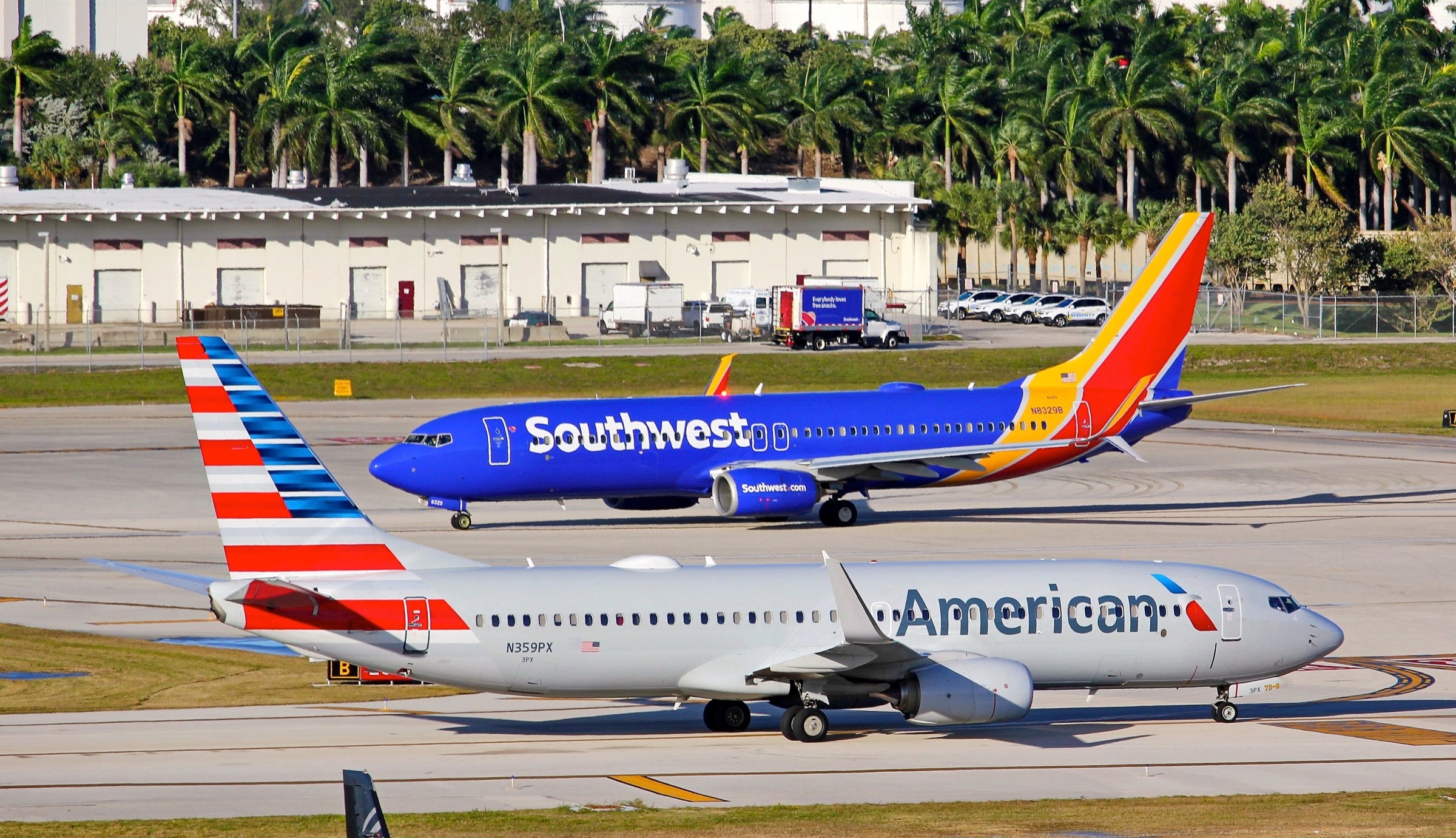 Southwest Airlines and American Airlines planes on runway