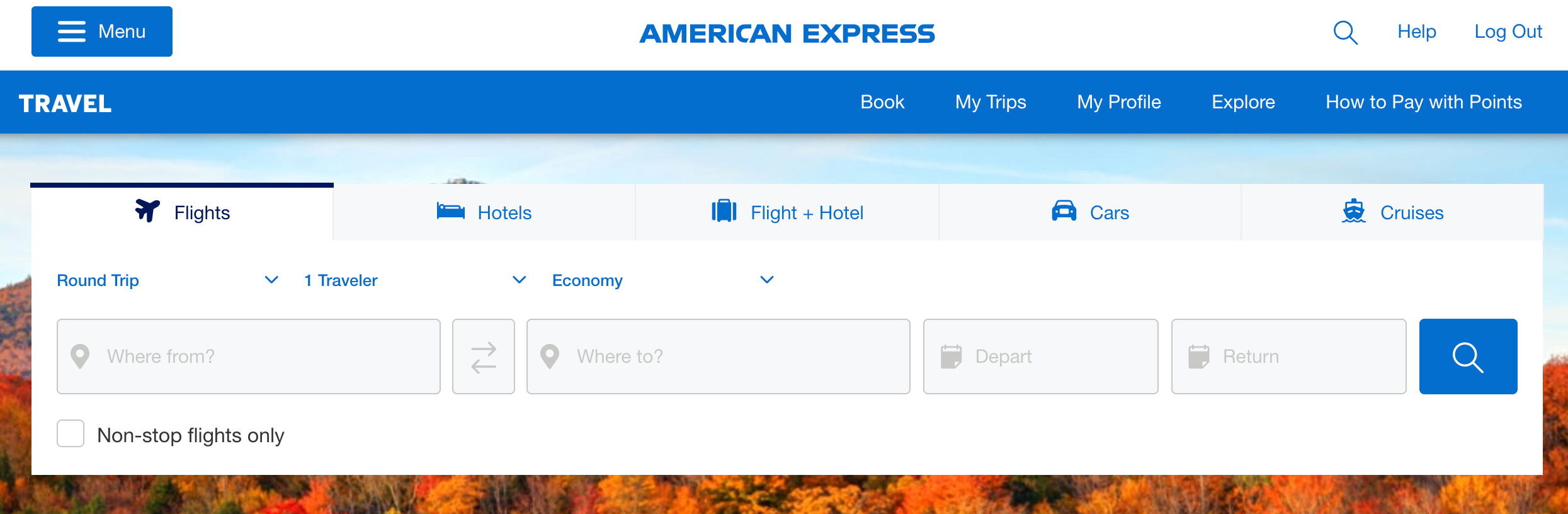 a travel booking portal with the flights tab highlighted