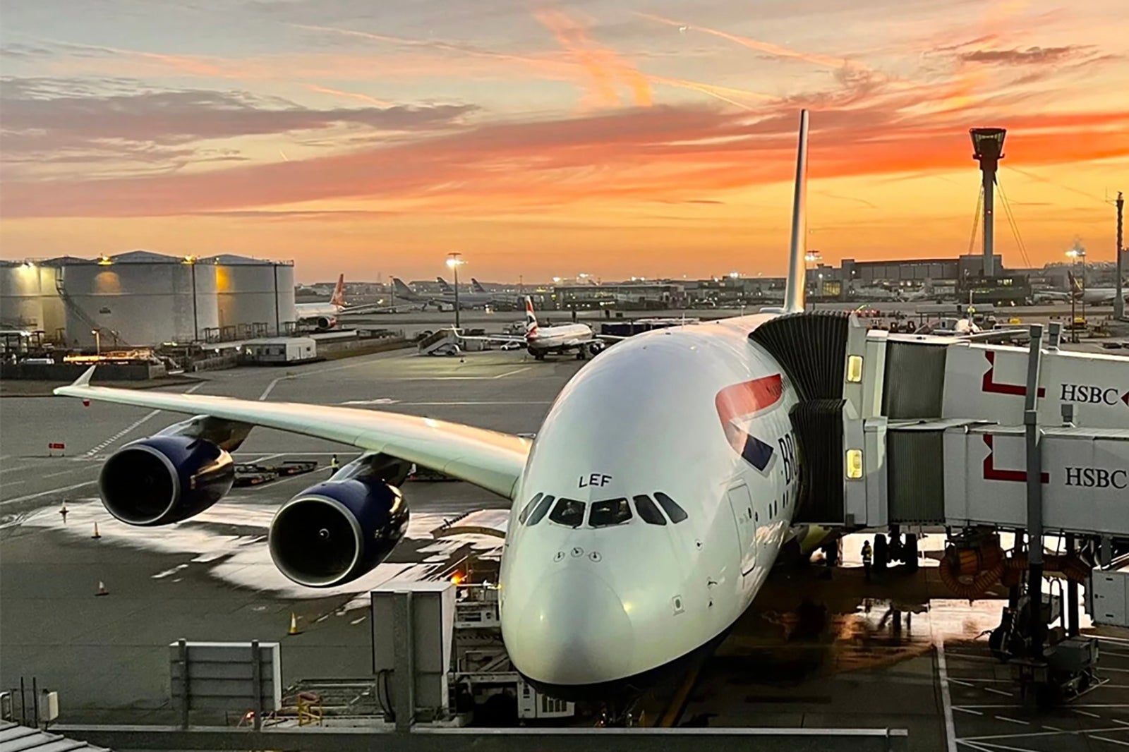 British Airways Airbus A380 at an airport gate