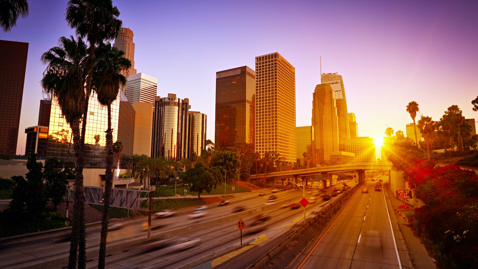 Los Angeles skyline at sunset.