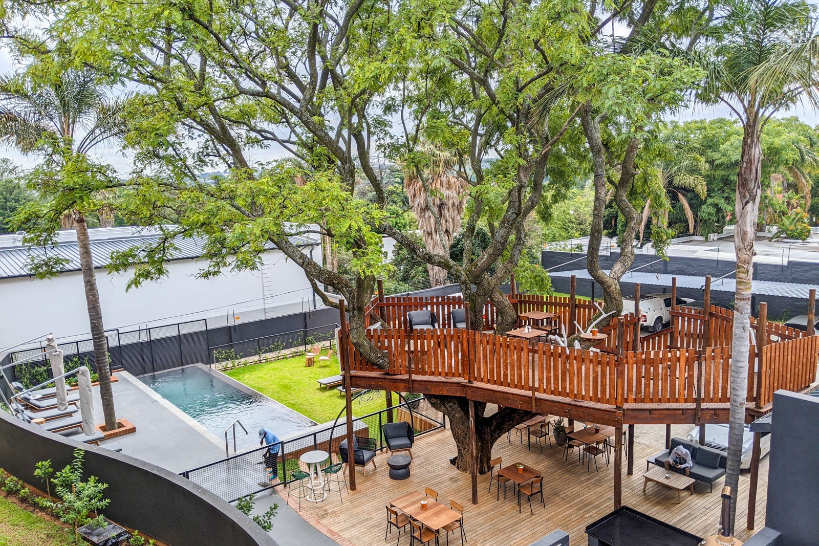 A treehouse restaurant near a pool at a hotel