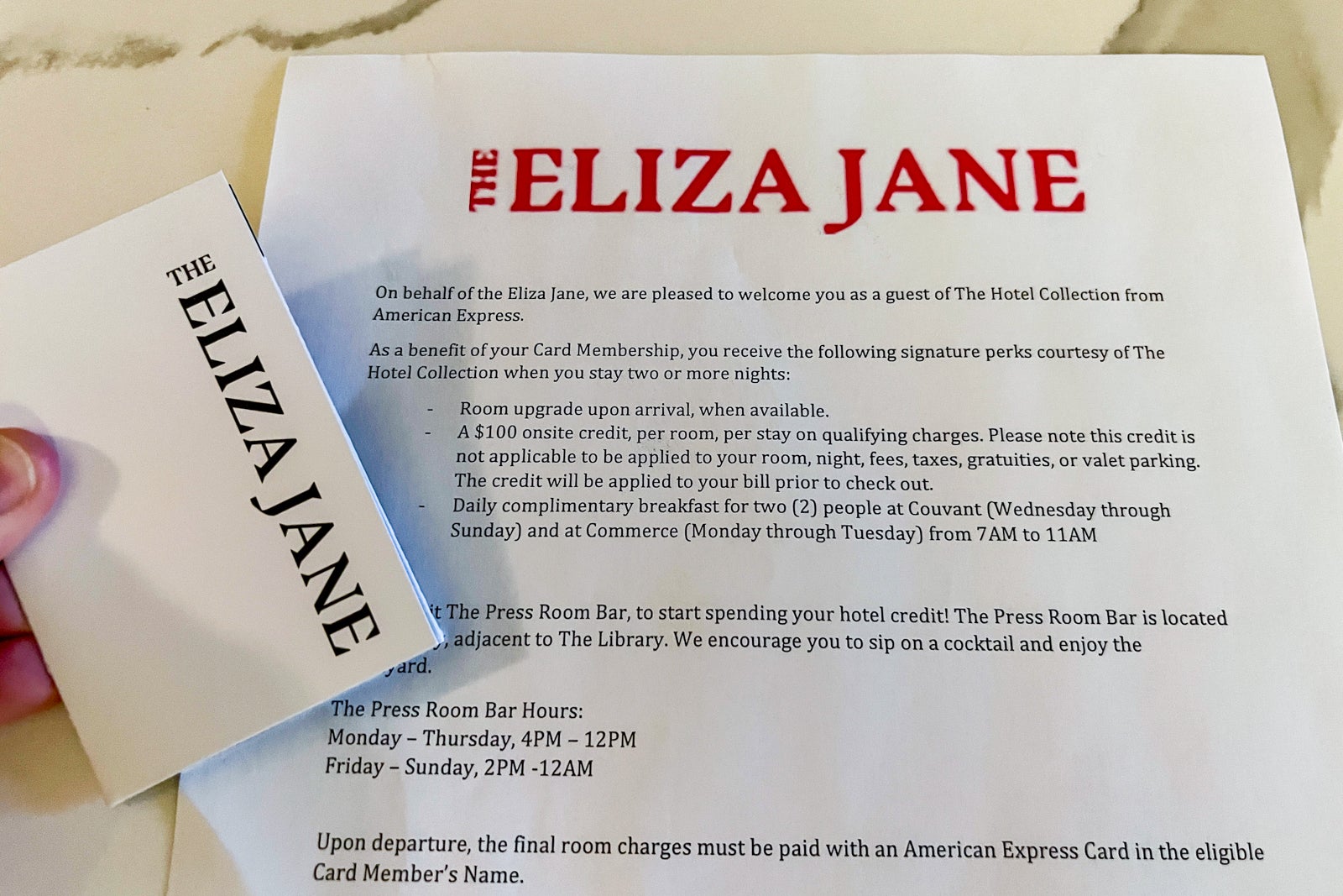 Welcome document at Eliza Jane hotel.