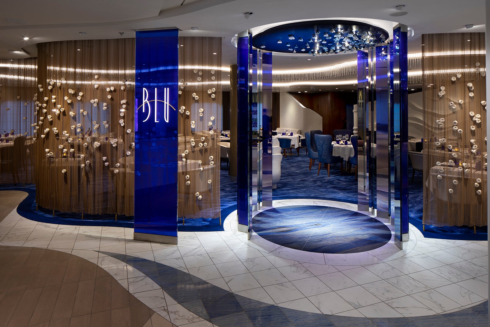 Blue and gold entrance to Blu restaurant on Celebrity Edge cruise ship