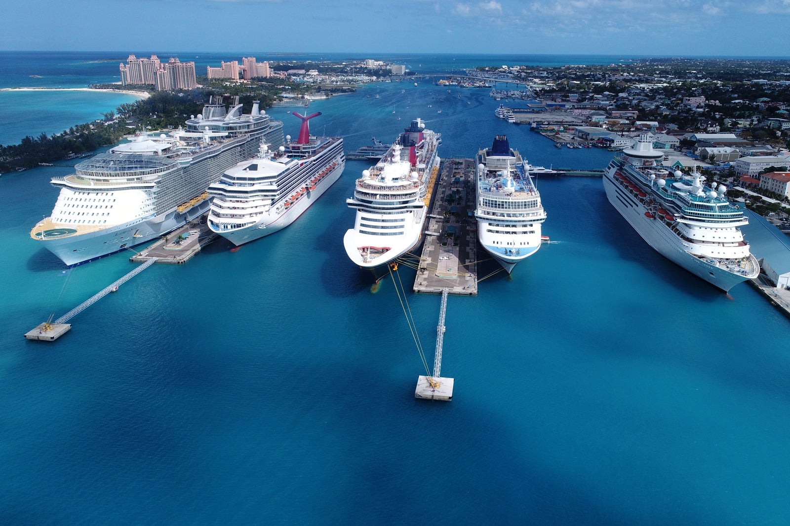 Five cruise ships docked in a row in Nassau, Bahamas