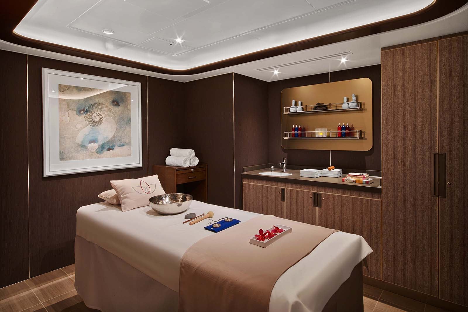 Spa treatment room with sound bowl on Seabourn Encore cruise ship