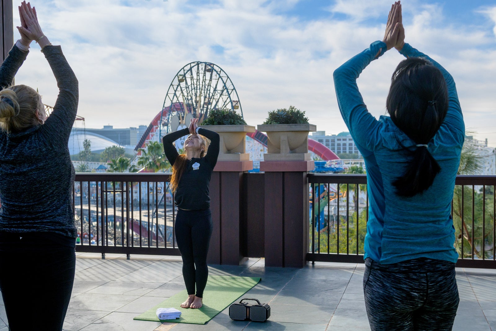 Yoga overlooking Disney California Adventure at Disneyland