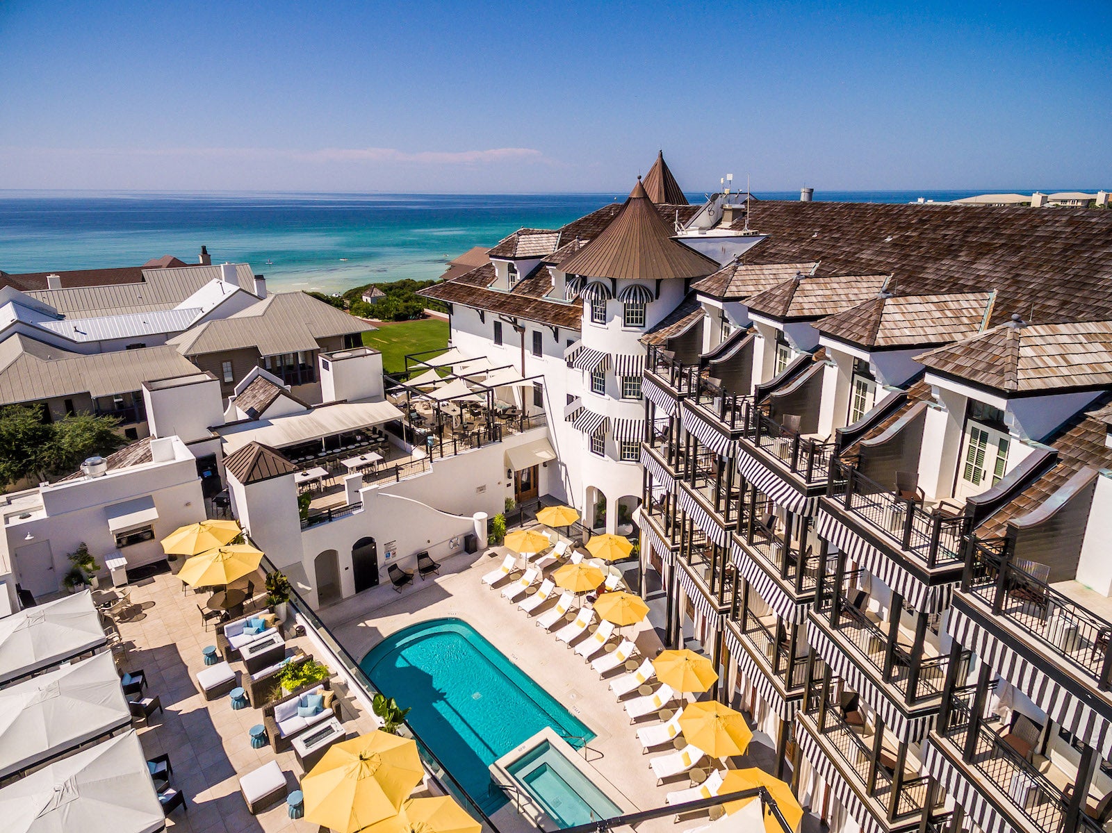 Aerial view of The Pearl hotel in Santa Rosa Beach, FL