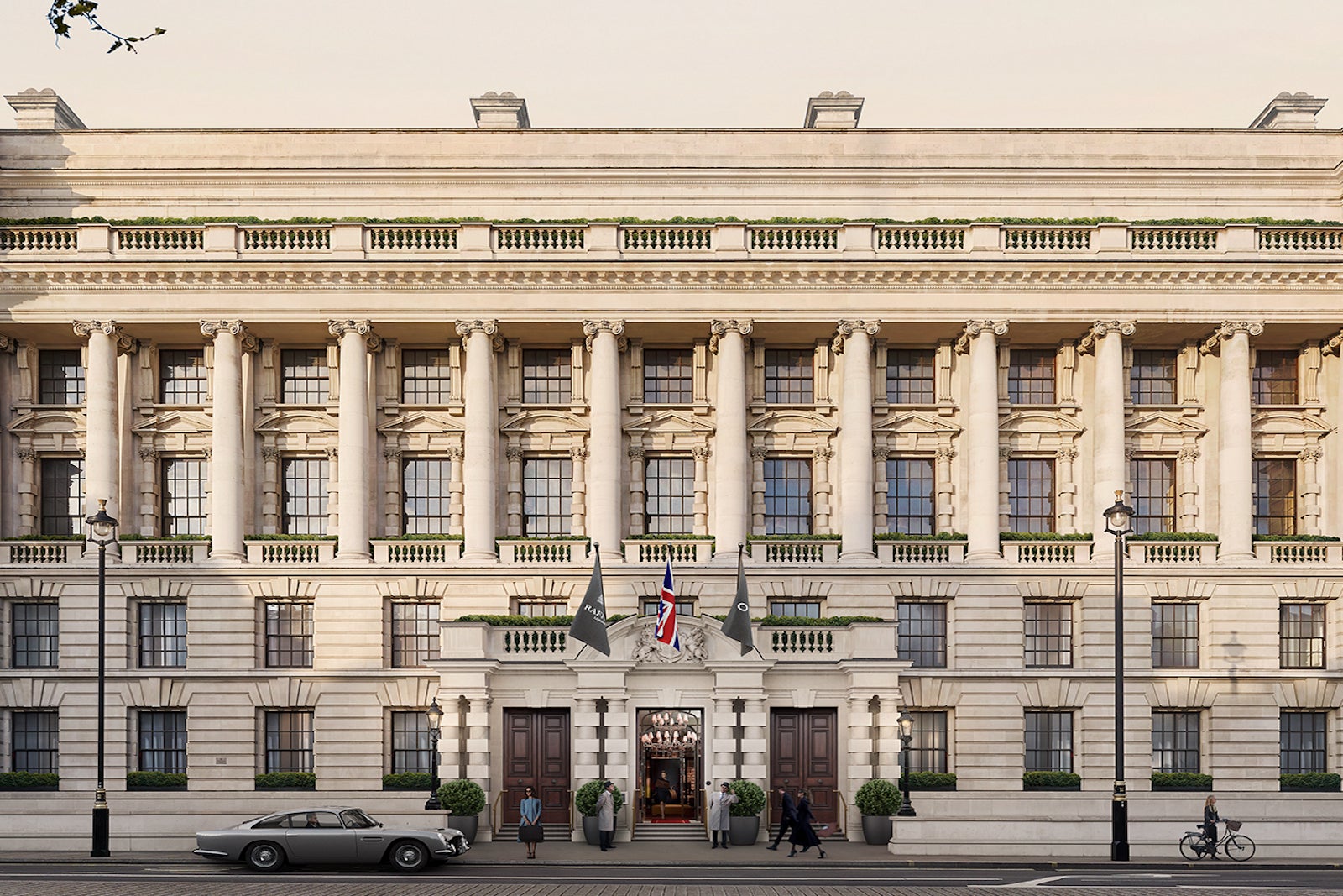 rendering of old British building with columns and car out front