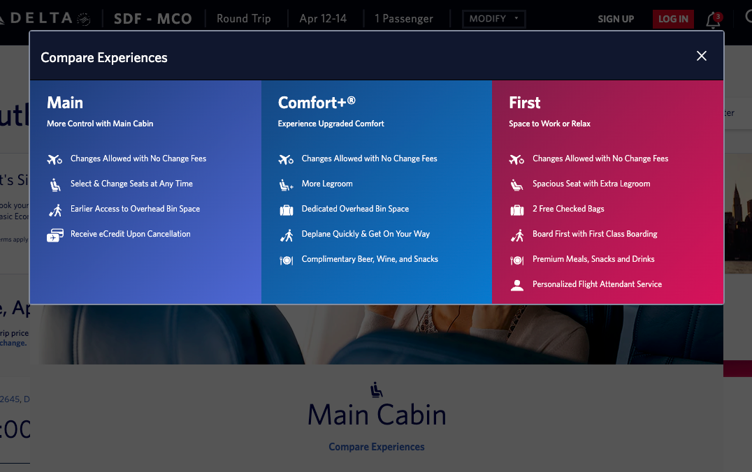 Screenshot of Delta's fare types