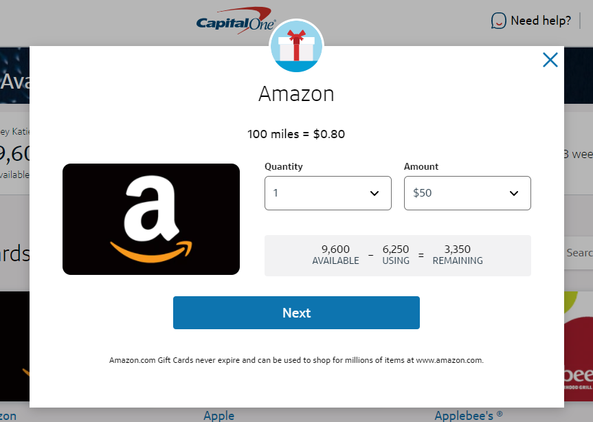 Redeeming Capital One miles for an Amazon gift card