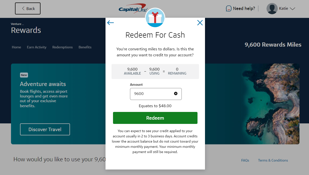 Redeeming Capital One miles for cash back