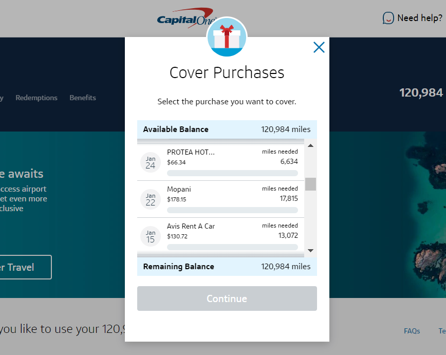 Redeeming Capital One miles for recent travel purchases