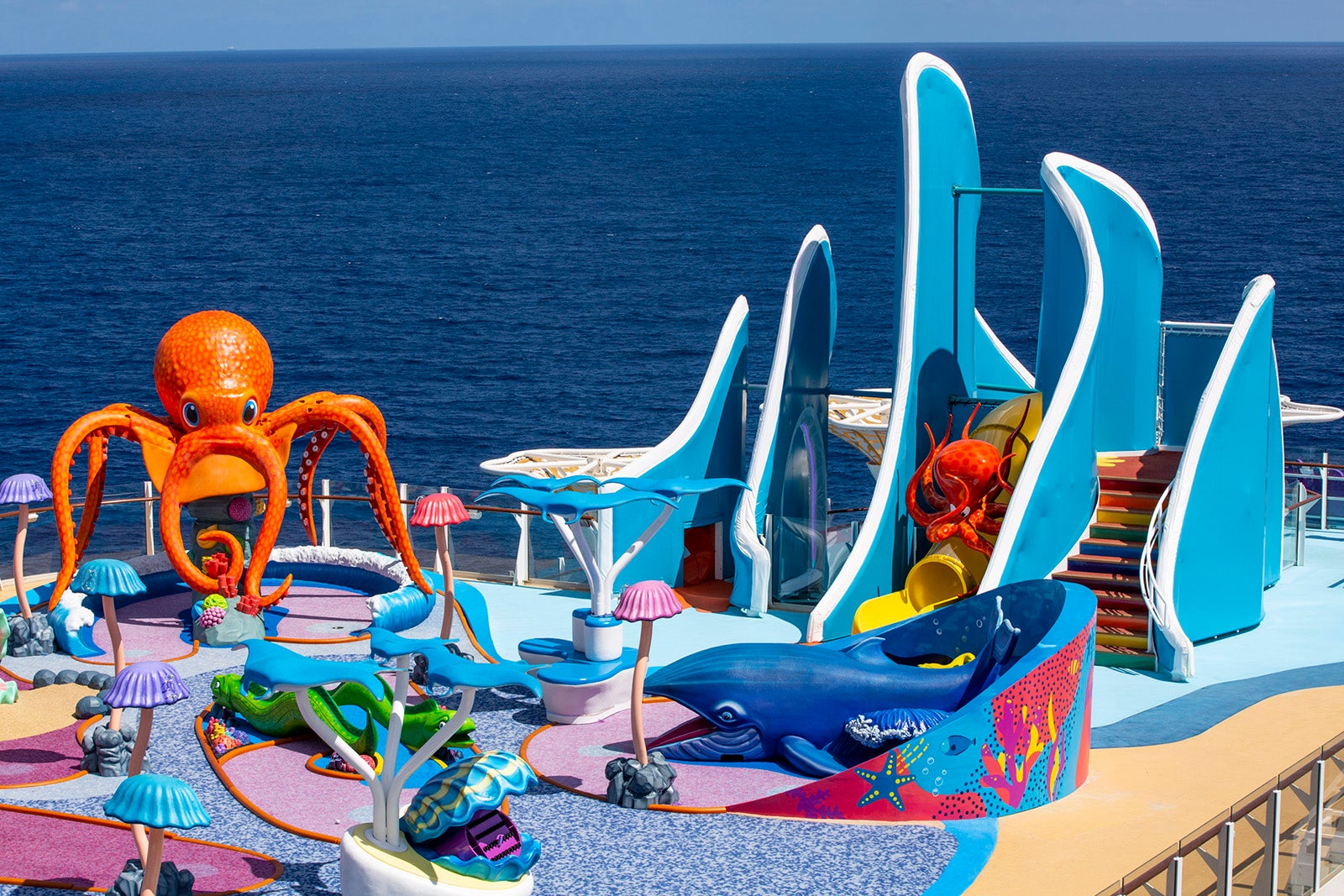 Ocean-themed mini-golf and playground on cruise ship at sea