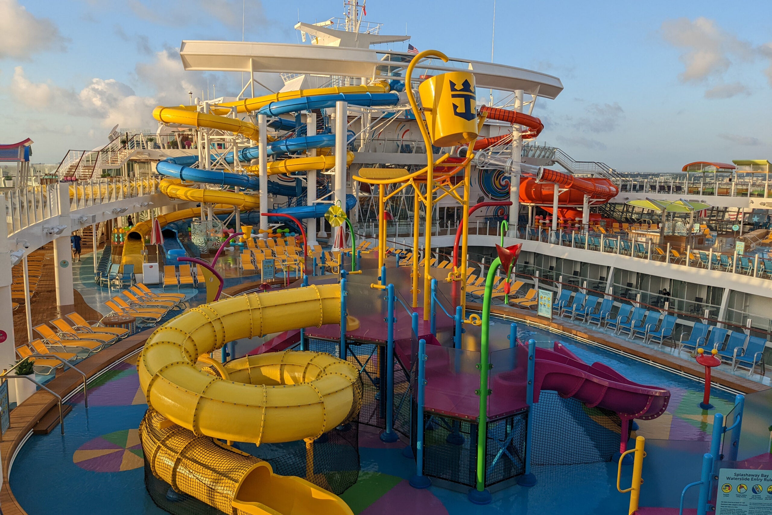 Splash park and water slides on top deck of a cruise ship